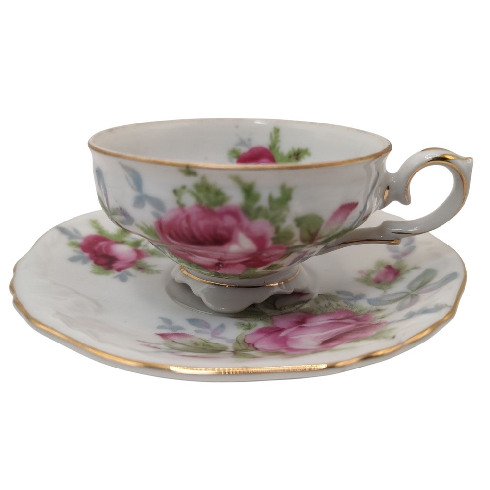 Vintage Lefton Demitasse Cup and Saucer Elegant Rose Floral Footed Cup 1950s SEE